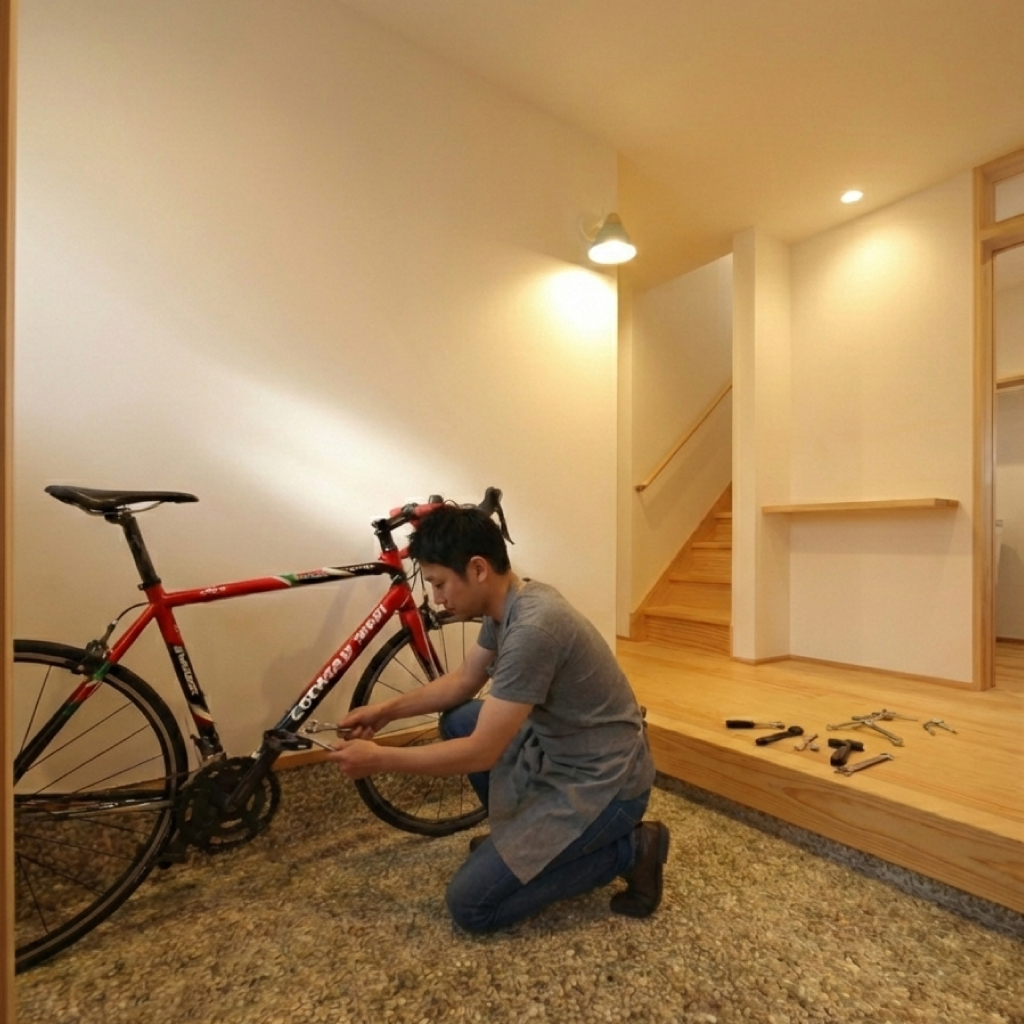 自転車の整備ができる玄関・土間